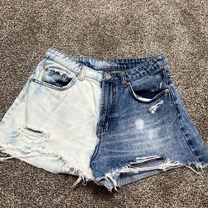 Half denim and half bleached jean shorts